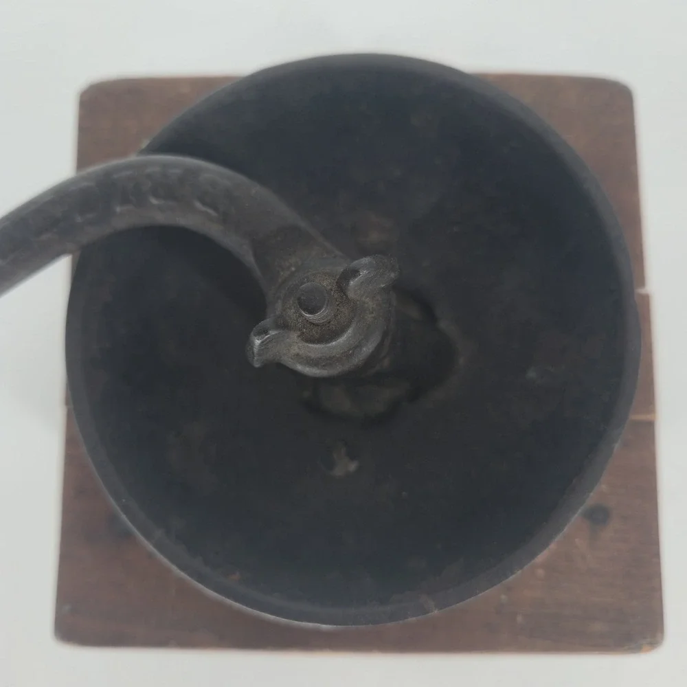 Antique Wooden Coffee Grinder Cast Iron Hand Crank Mill Porcelain Knob Vintage